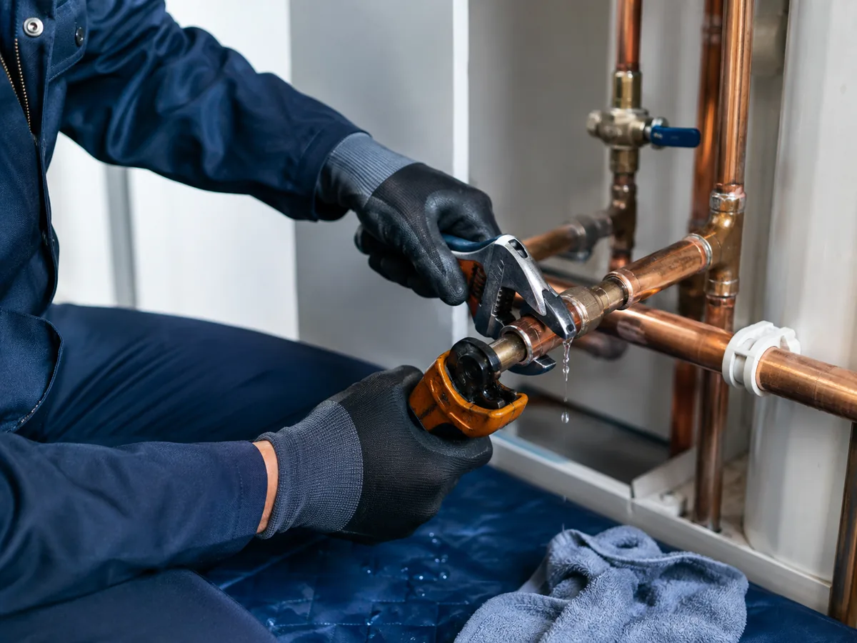 Plumber repairing accessible copper water pipework